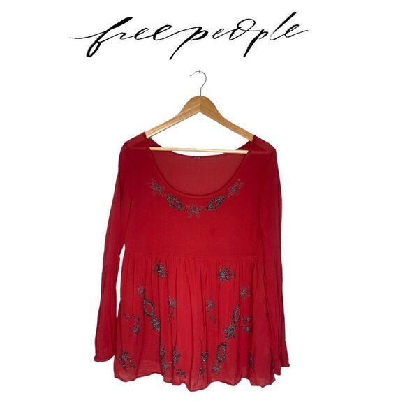 Free People Beaded Boho Babydoll Top - Picture 1 of 16